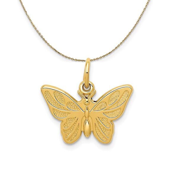 Black Bow Jewelry Co. Jewelry - 14k Yellow Gold Textured Polished Butterfly (17mm) Necklace - 24 Inch